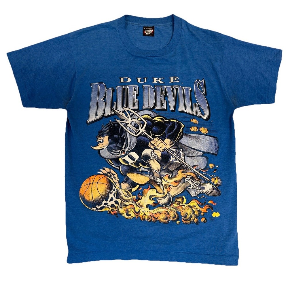 Vtg 90s Duke Blue‎ Devils T-Shirt Flames Spell Out Logo Fire Basketball USA Sz L